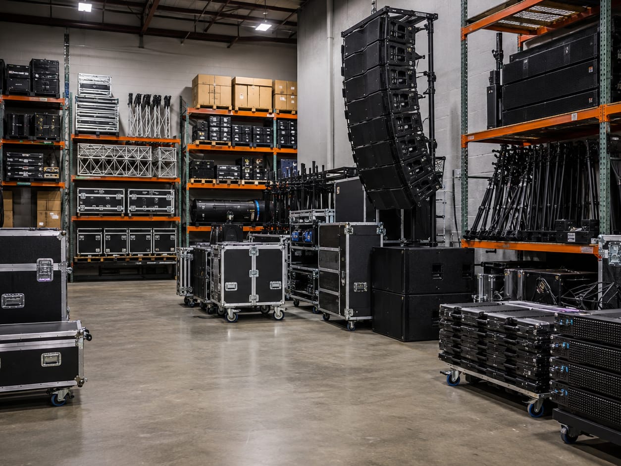 Almacén de material audiovisual con flight cases, un sistema Line Array, estructura de truss y pies de micrófono en las estanterías