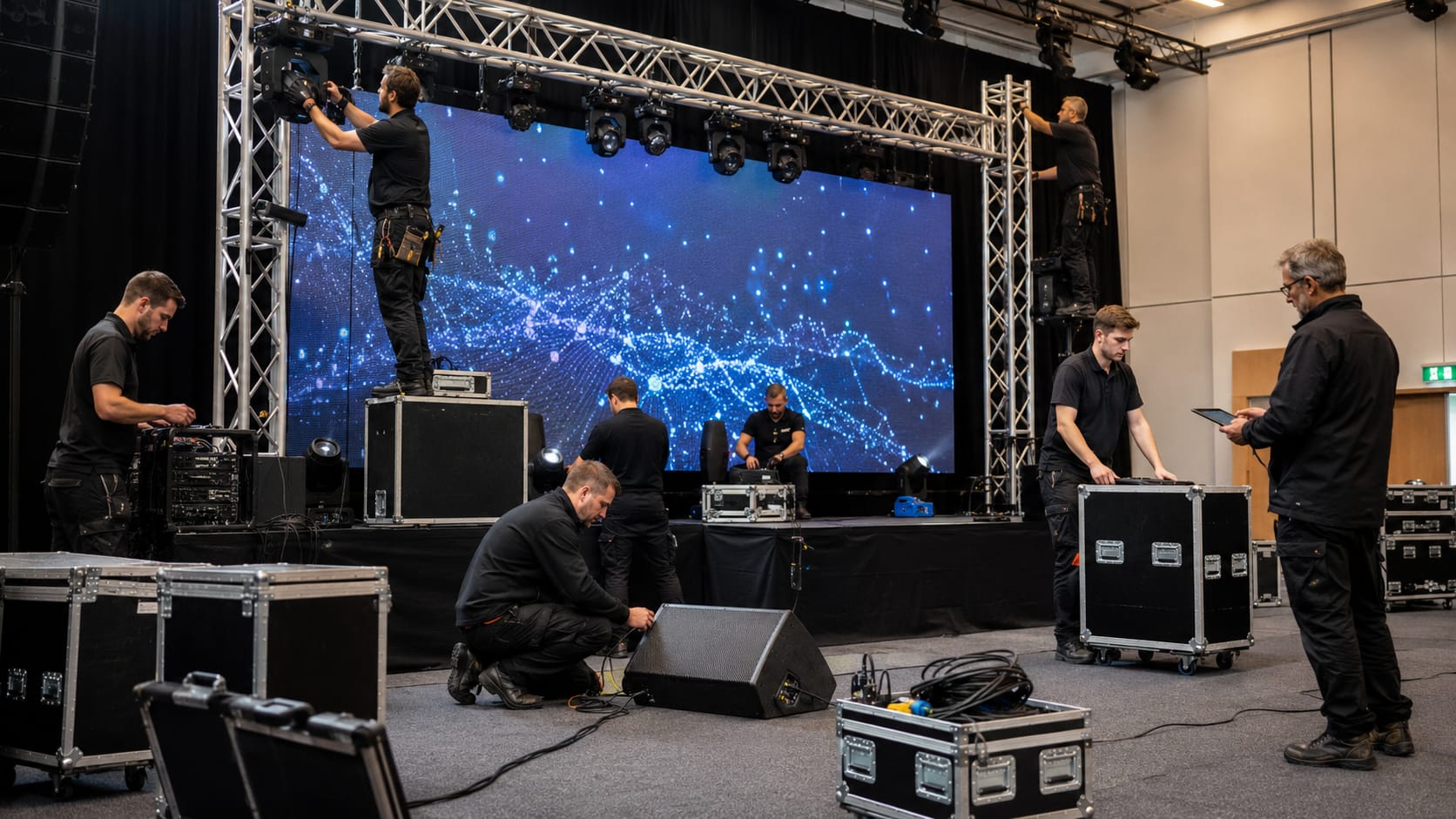Los técnicos de AES montando la estructura, la pantalla LED y la iluminación de un evento